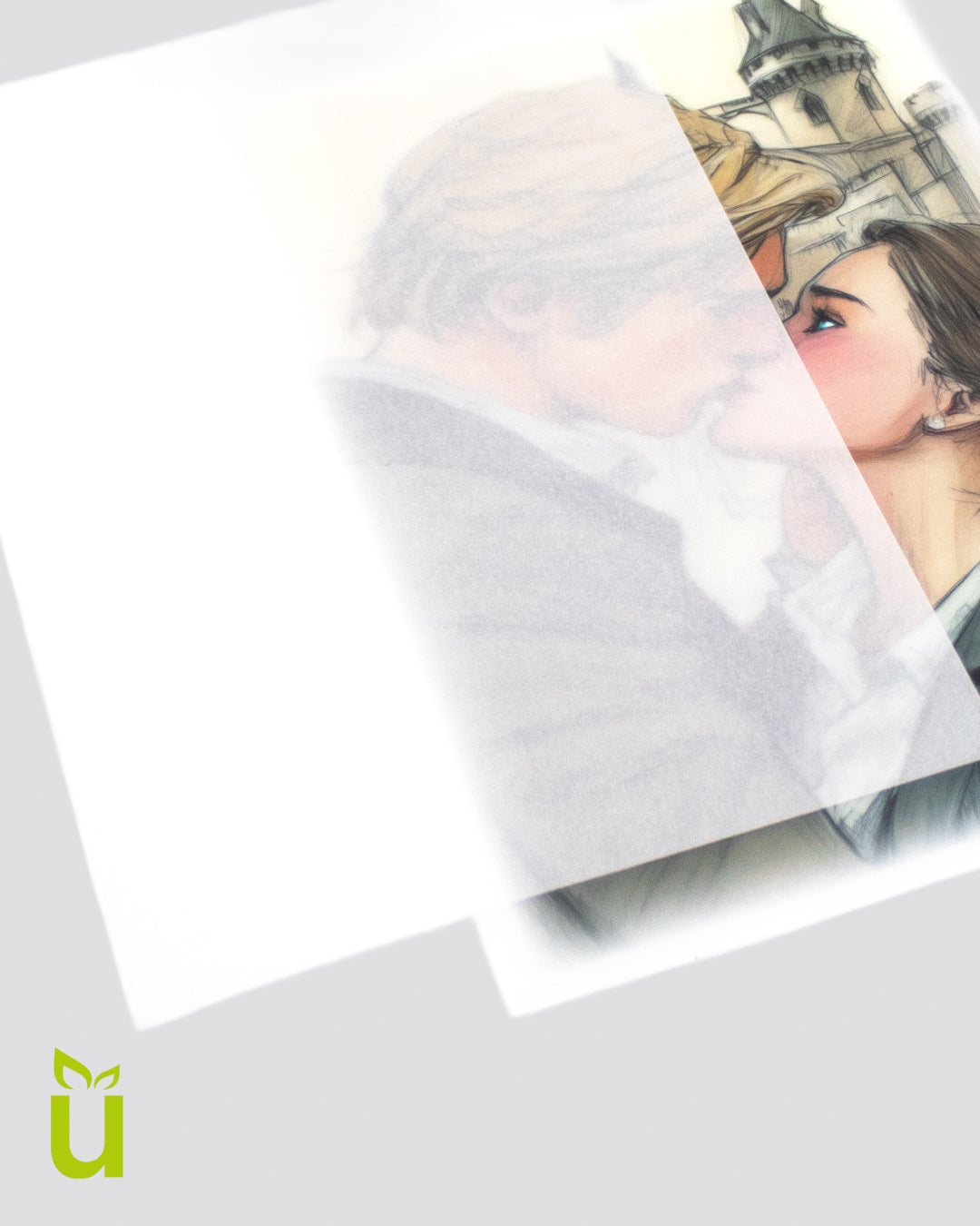 Halb Transparentes Pergamentpapier mit Motivdruck von werbegrün für Buchseiten