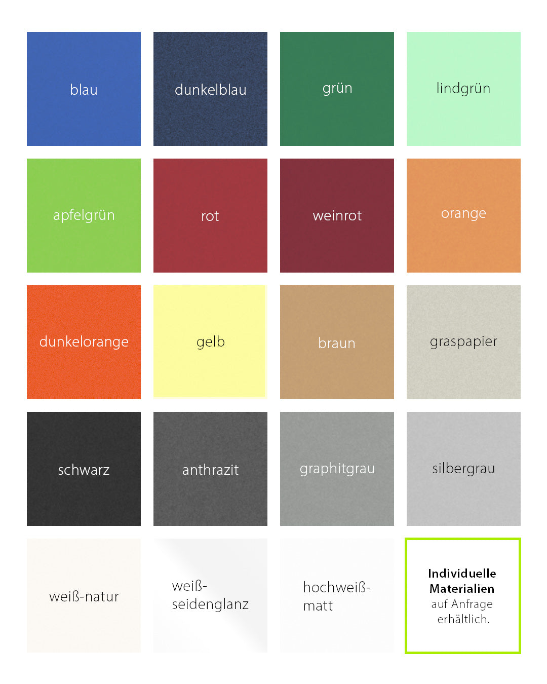 Mappe aus durchgefärbtem 320 g/m² FSC® MIX Material in verschiedenen Kartonfarben.