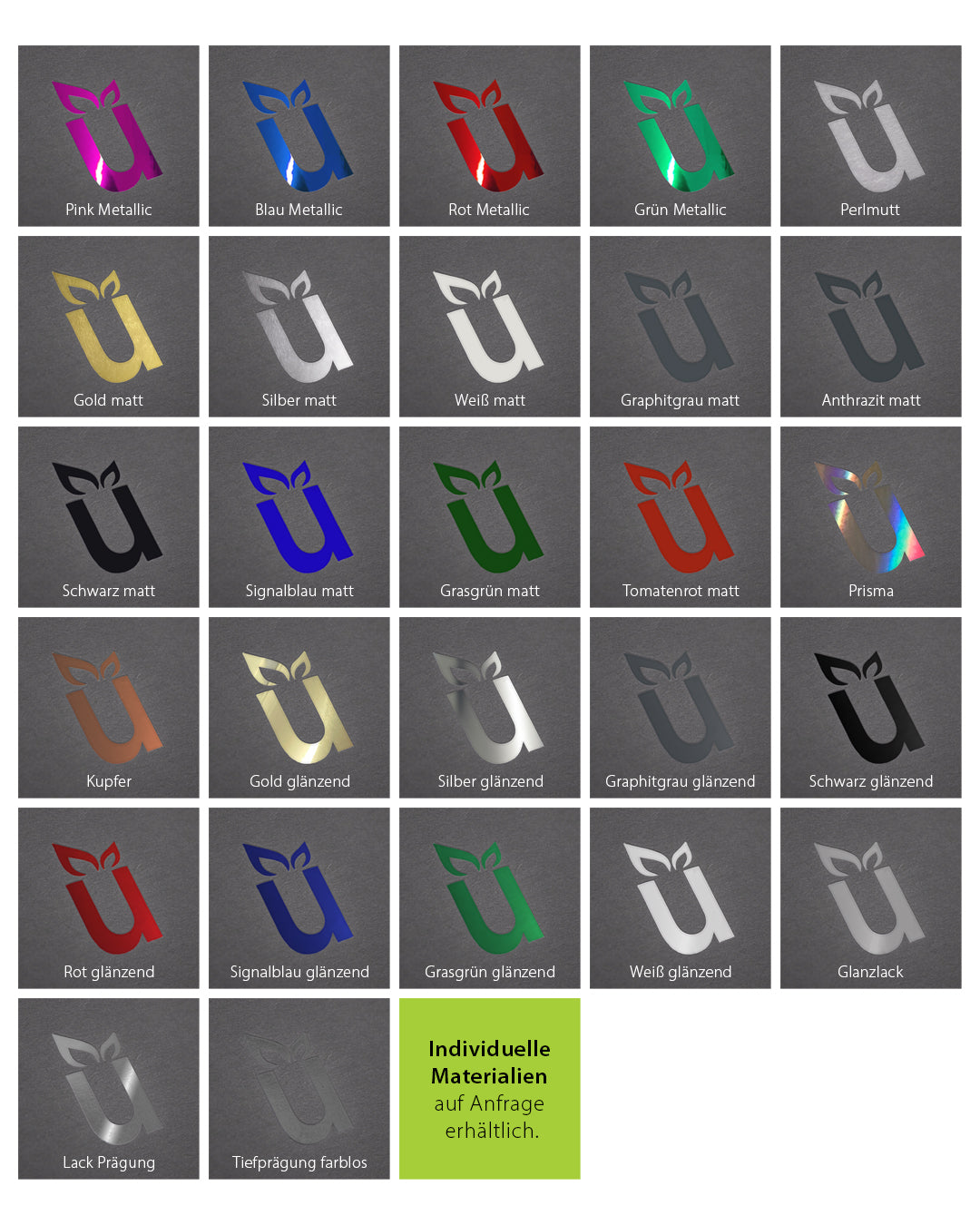 Druckveredelungen in verschiedenen Prägefarben für Ihre Mappen im Onlineshop bei werbegrün erhältlich.