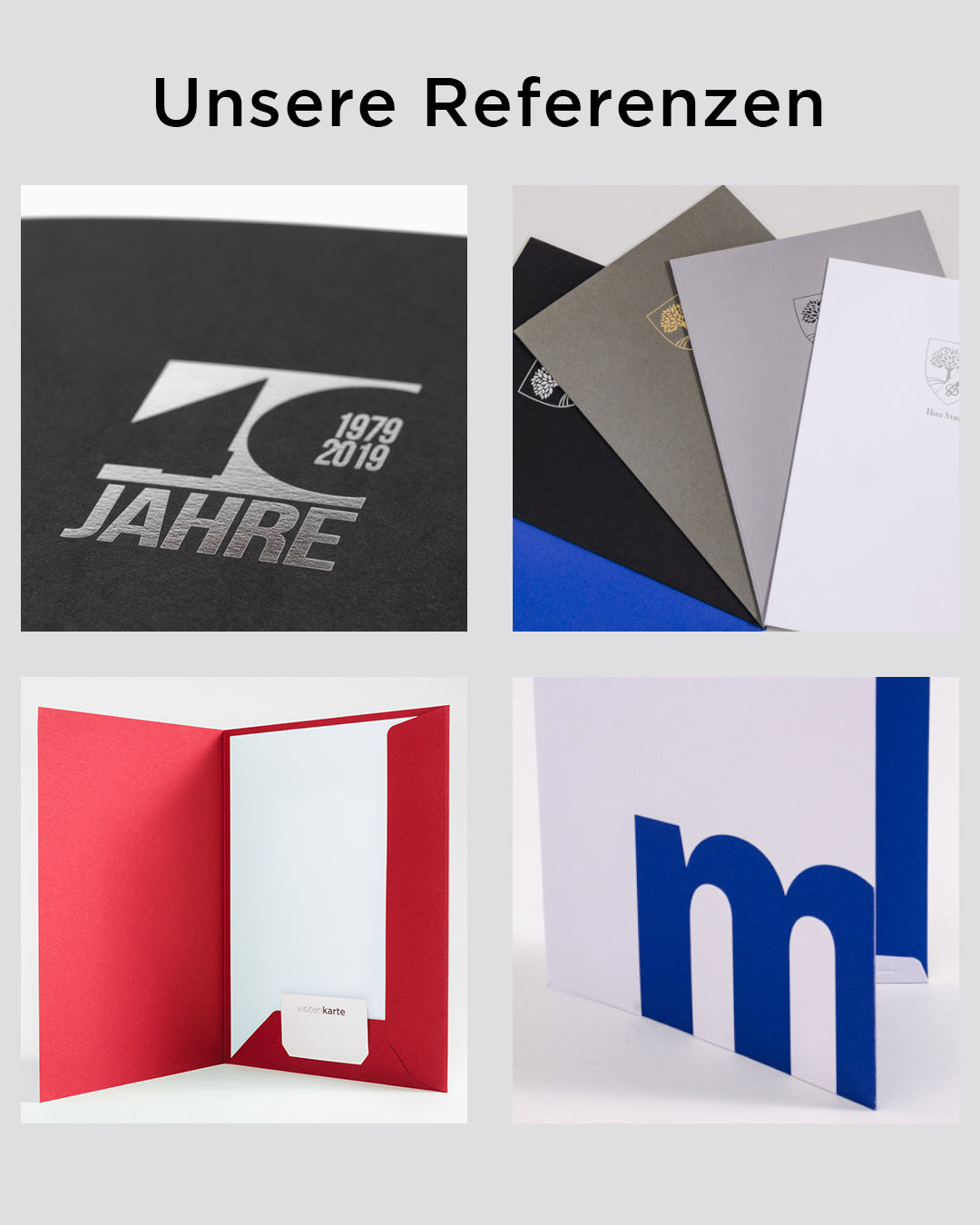 Individuelle, hochwertige, werbegrüne Mappen mit Prägung und farbigem Material aus stabilem Karton.