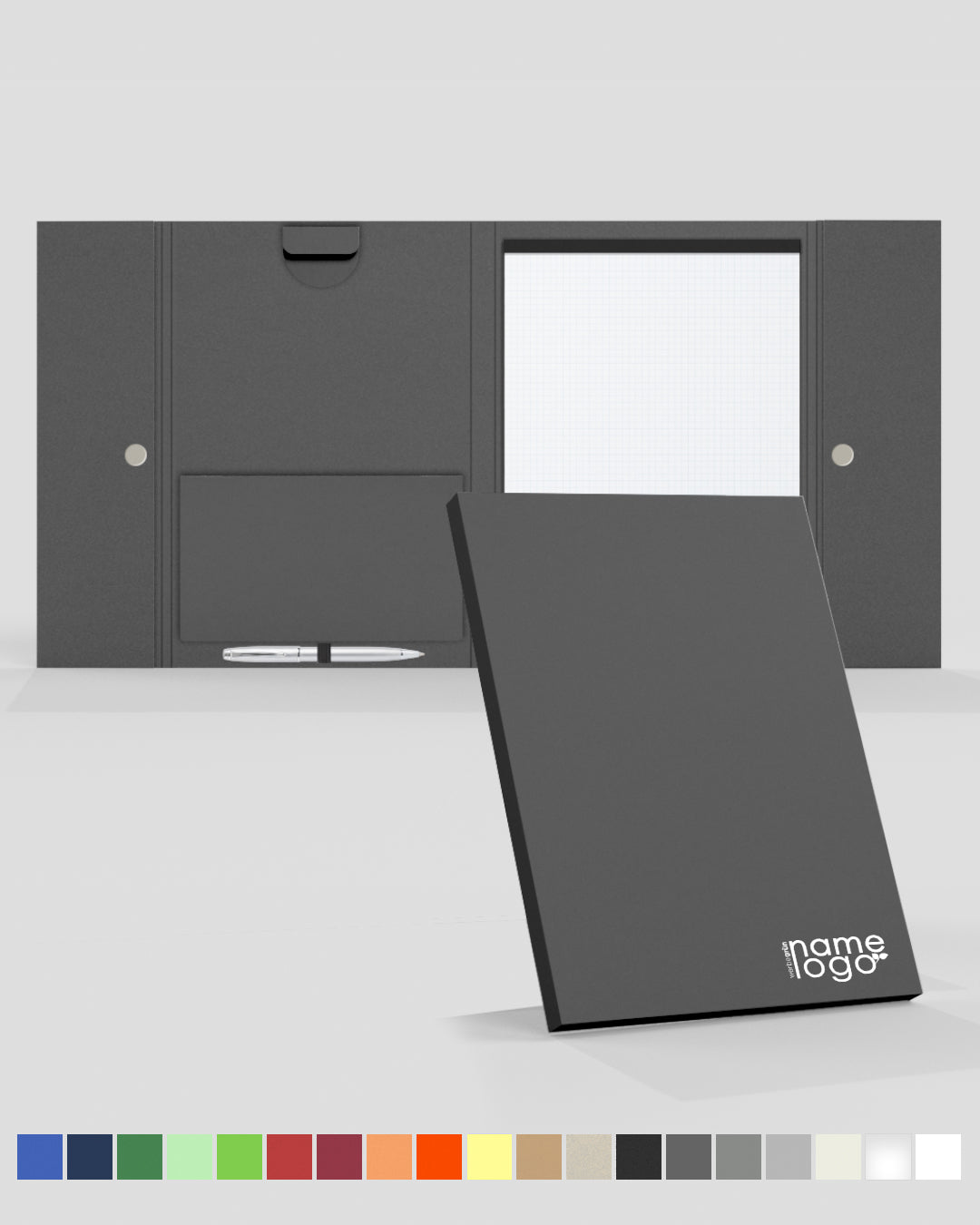 Konferenzmappe A4 anthrazit, FSC® MIX 70%, 320g/m² Karton, Visitenkartenhalterung, Stifthalter, A4-Schreibblock, Onlineshop, Hersteller Werbegrün