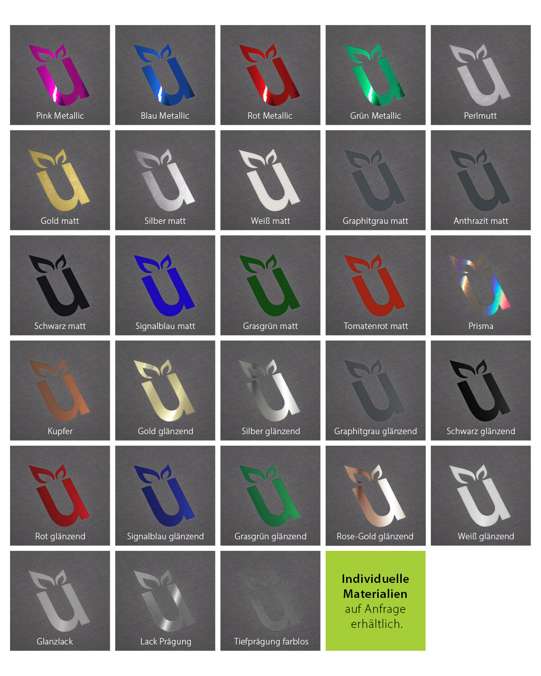 Druckveredelungen in verschiedenen Prägefarben für Ihre Mappen im Onlineshop bei werbegrün erhältlich. 