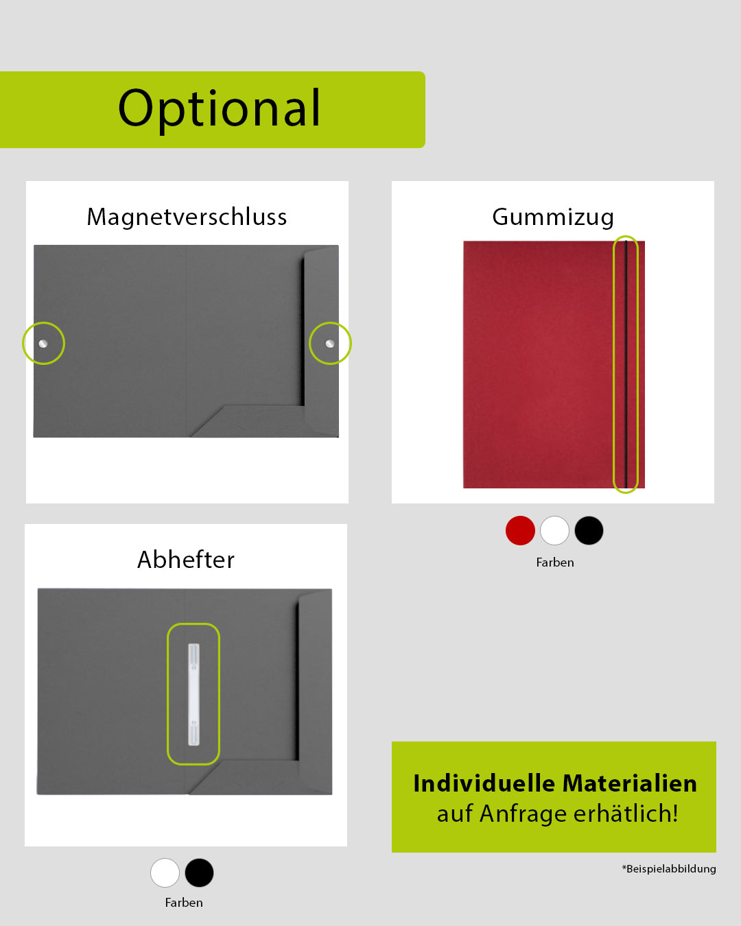 Optionale Materialien und Zubehör (Gummizug, Magnetverschluss & Abhefter) passend zur indiividuellen Mappe