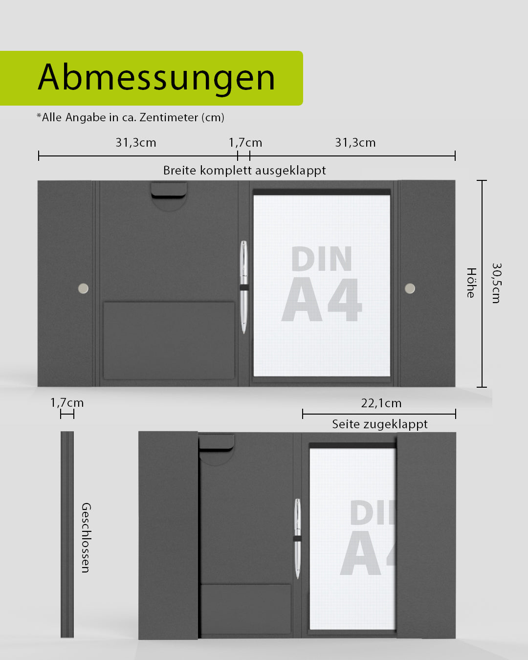 Konferenzmappe mit A4 Schreibblock von werbegrün mit Abmessungen