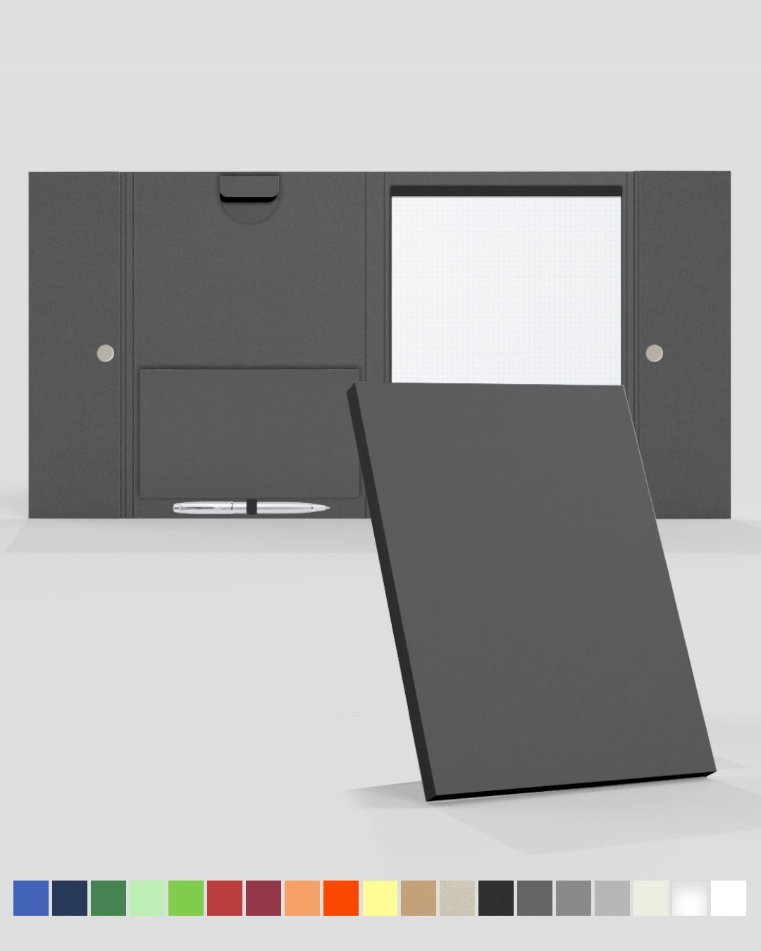 Konferenzmappe A4 anthrazit, FSC® MIX 70%, 320g/m² Karton, Visitenkartenhalterung, Stifthalter, A4-Schreibblock, Onlineshop, Hersteller Werbegrün