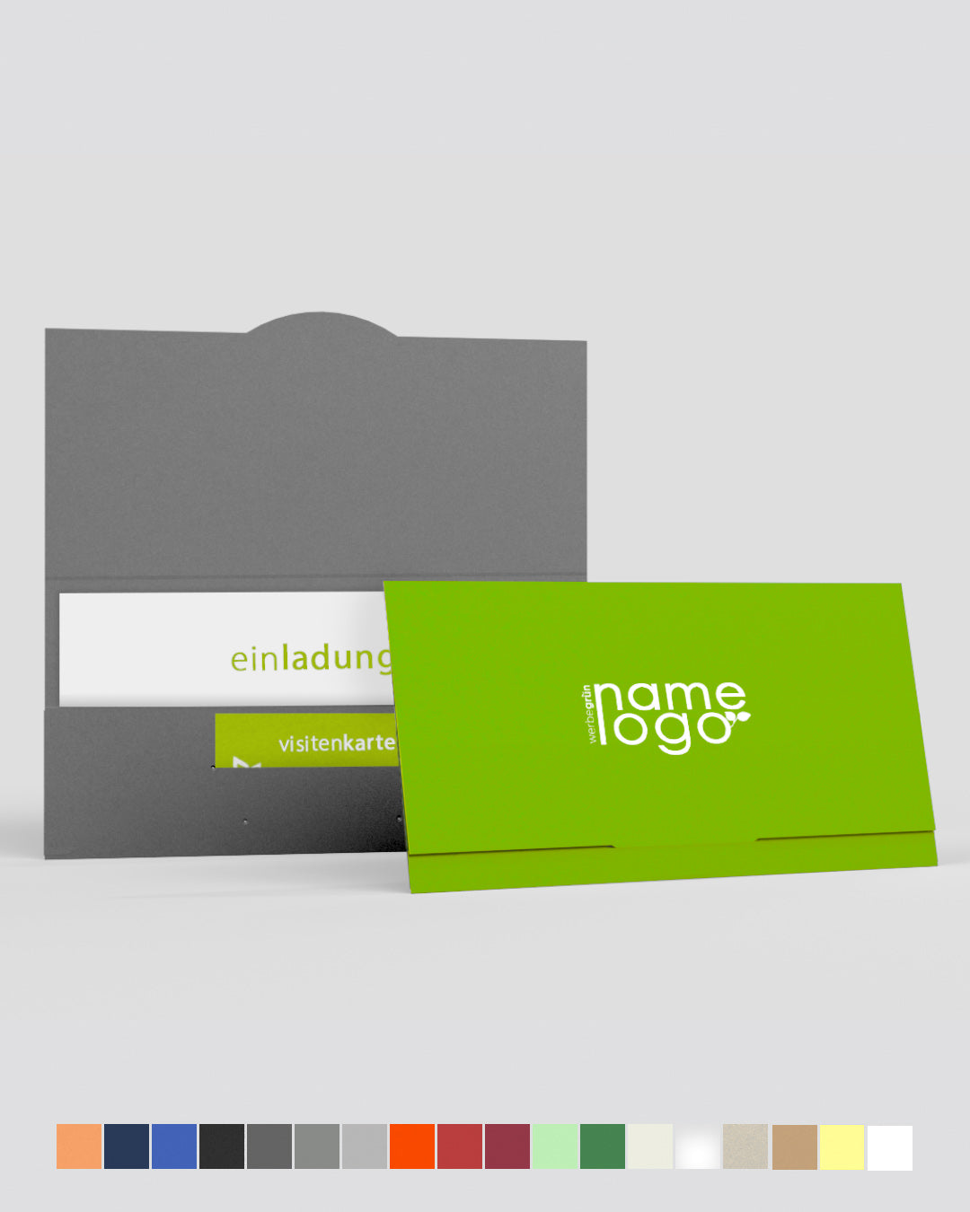 Individuelle Gutscheinmappen in verschiedenen Farben und Prägungen im Onlineshop werbegrün erhältlich.